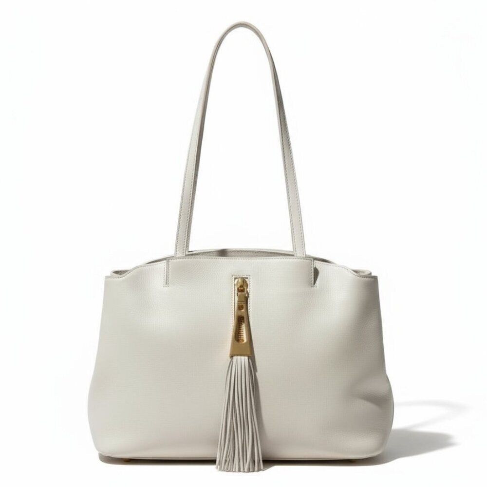 Brian Atwood White Leather Shoulder Bag Tote with Tassel